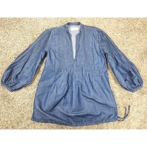 120% Lino Blue Linen Pintuck Tunic Top Long Sleeve Drawstring Hem Womens L